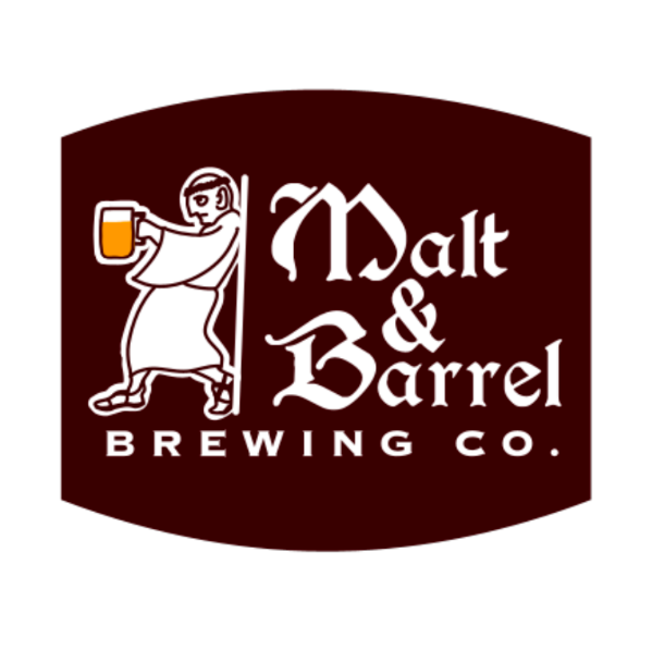Malt and Barrel Brewing Company logo featuring a man leaning against a wall with a beer, in the style of Ancient Greek art.